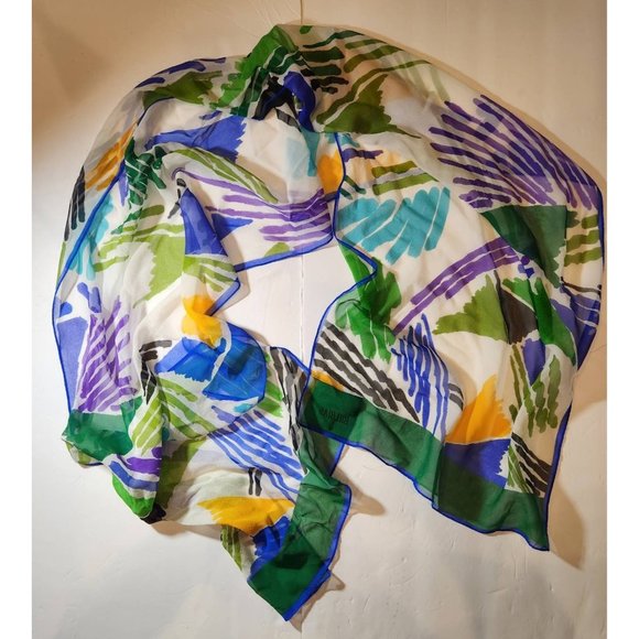 Vintage Bill Blass Blue White Purple Abstract Silk Neck Scarf Wrap turned hem 19 - Picture 2 of 5